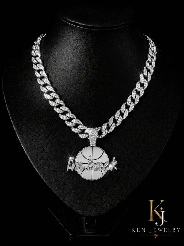 Collar de cadena cubana con strass completo estilo hip hop europeo y americano unisex, colgante de baloncesto "I'm Back", cadena gruesa con tachuelas, accesorio deportivo de rap callejero, dos colores oro y plata, joyería versátil y personalizada
