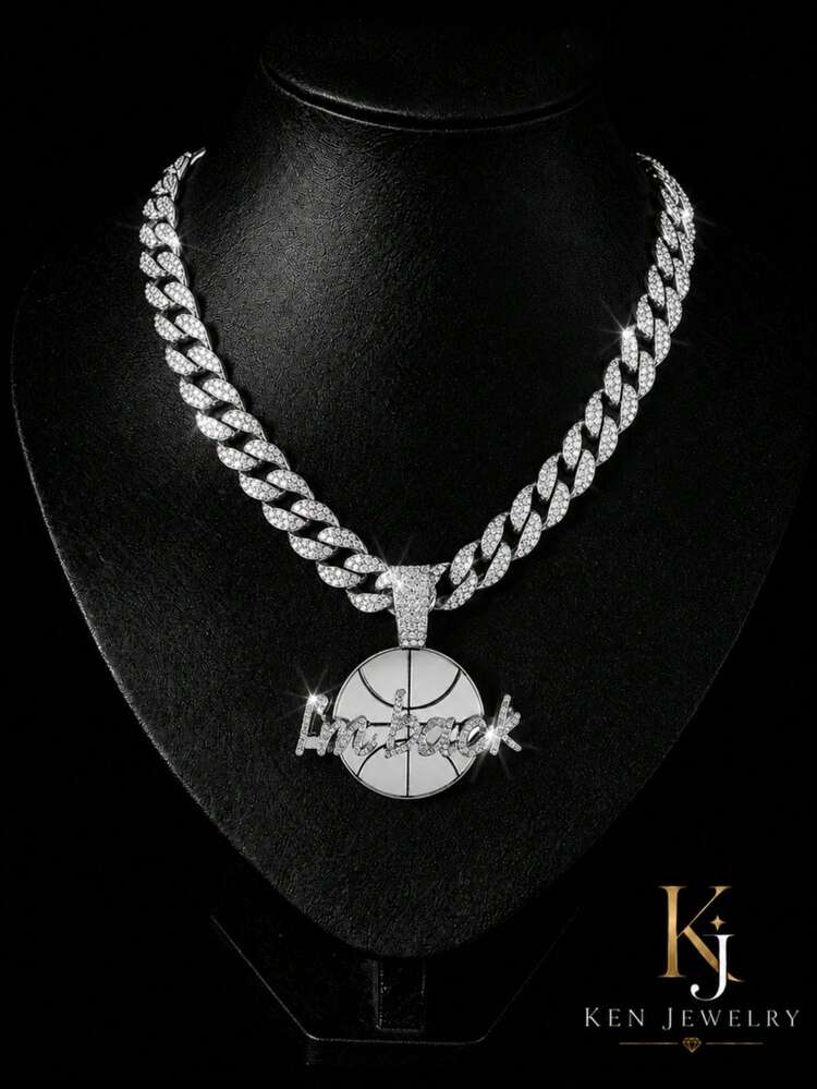 European And American Hip Hop Full Rhinestone Cuban Chain Necklace Unisex I'm Back Basketball Pendant Studded Thick Chain Street Rap Sports Accessory Gold And Silver Two Colors Versatile Personalized Jewelry - I'm Back Basketball Pendant Necklace - View 1