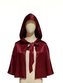 1pc Halloween Party Cape, Short Hooded Solid Color Poncho Style Short Cloak, Christmas Short Hooded Princess Cape, Cosplay - Burgundy - View 11