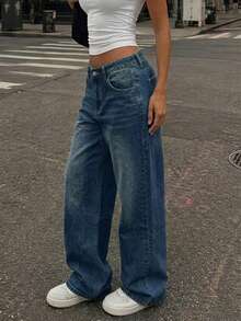 Women's Vintage Loose Boyfriend Straight Leg Denim Jeans - Dark Wash - View 2