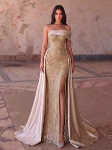 Faeriesty Haute Glamour Off-Shoulder Sequin Evening Gown With High Slit And Satin Train Party Wedding Fall - Champagne - View 6