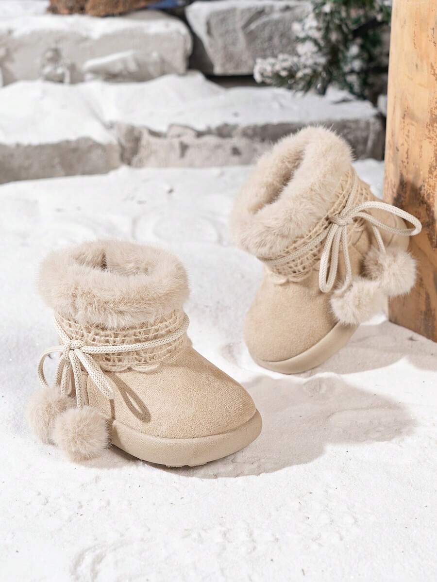 1 Pair Girls' Plush Lace Snow Boots, Non-Slip Thick Sole Children's Winter Warm Boots - Apricot - View 1