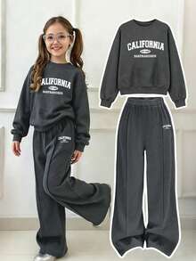 Girls' Letter Print Crew Neck Sweatshirt And Loose Long Pants Set - Dark Grey - View 1