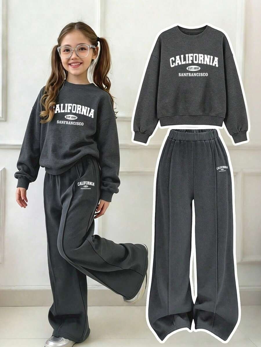 Girls' Letter Print Crew Neck Sweatshirt And Loose Long Pants Set - Dark Grey - View 1