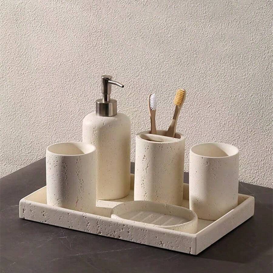 Resin Soap Dispenser, Can Be Used As Bathroom Toothbrush Holder, Mouthwash Cup, Vanity Tray, Bathroom Countertop Tray, Vanity Soap Dish, Bathroom Accessories Set, Bathroom Storage Rack, Bathroom Accessories, Home Decor Vanity Tray, Can Be Used To Store Bathroom Countertop Accessories - 1pc - View 1