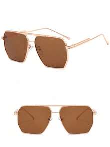 1 Pair Luxury Double-Beam Metal Large Frame Polygonal Women's Fashion Glasses, Metal Frame With Tea-Colored Lenses, European And American Beach Vacation Commute Slimming Glasses, Perfect For Beach Parties And Casual Outings. Women's Beach Accessories, Summer Beach Vacation Essential, Outdoor Travel, Street Style, Y2K Style Large Frame, Music Festival Look, Back To School Avant-Garde Style - Gold Frame Brown Lenses - View 4
