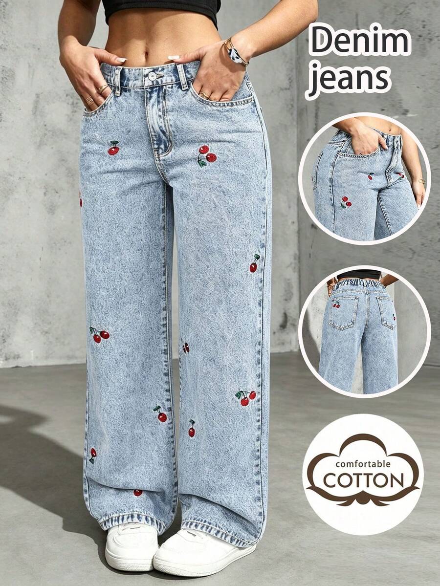 Elegant Cherry Embroidery Fashion Detailed Pocket Button Solid Color Pants, A Slightly Small Size Fall Casual