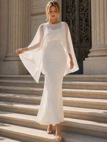 Perirose Elegant Women's Long Dress, Cape Sleeve Square Neck Solid Color Flowy Chiffon - White - View 3