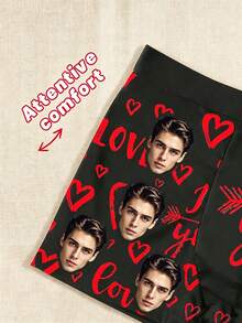 Men's Customized Square Boxer Briefs, Black Base With Red Heart And "I Love You" Arrow Print, Customized Couple Face Pattern, Soft Breathable Elastic Cotton Fabric - Multicolor - View 3