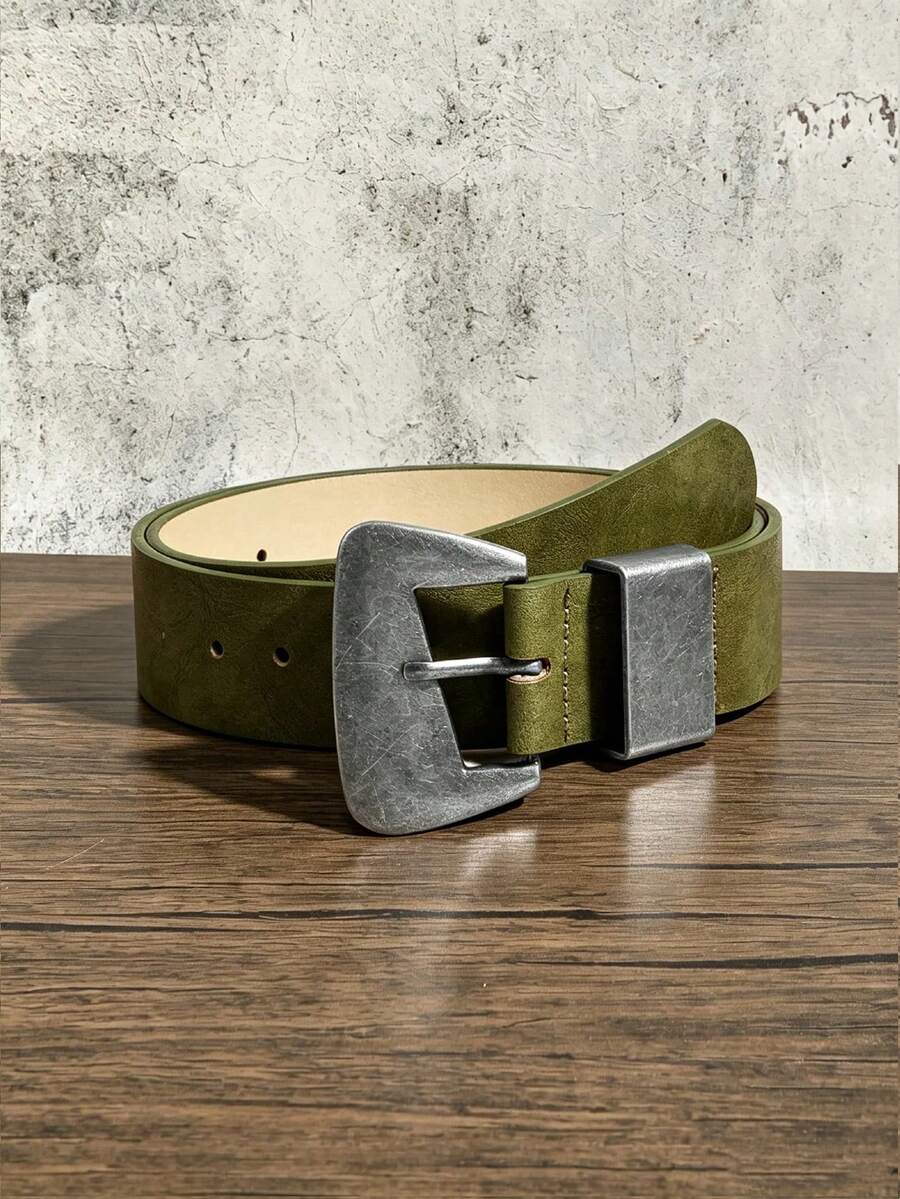 1pc Women's Belt, BOHO Belts, Rodeo, Cowgirls, Western Belts, Belt For Women, Y2K Belts, Vintage Casual Minimalist Silver Asymmetrical Buckle Olive Green Medium Width Waist Belt, Matching Pants, Shirts, Sweaters, Coats, Suitable For Party, Daily Commute, Holiday & Birthday Gifts, Music Festivals - Olive Green - View 1
