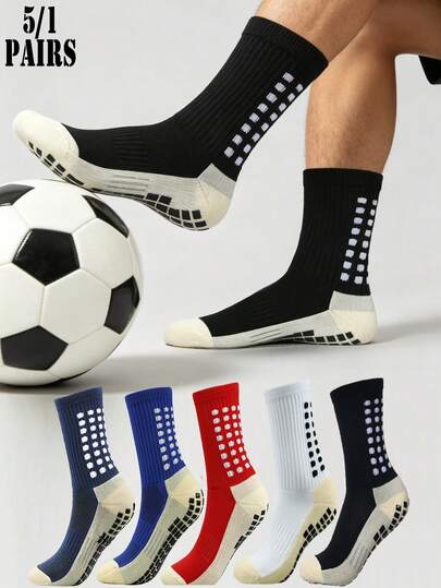 5/1 Pair Men's Non-Slip Grip Mid-Calf Socks, Simple Fashion Sports Socks For Running, Basketball, Cycling, Football, Jump Rope And Indoor Floor