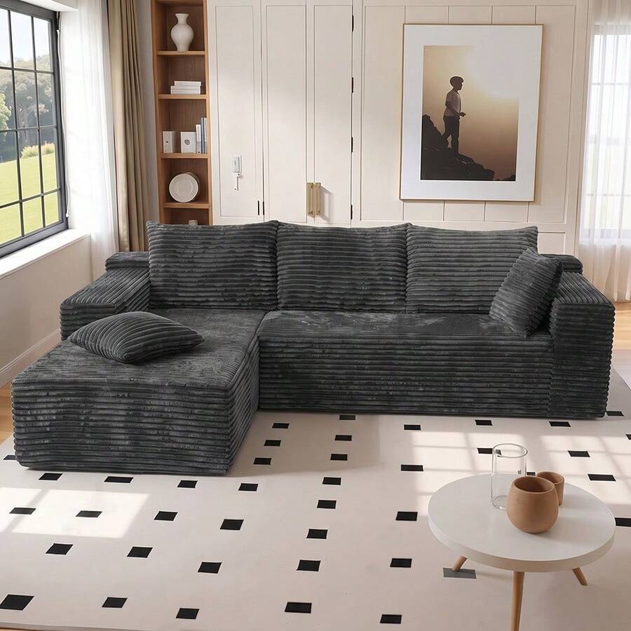 VerdeCore 106" Modular L-Shape Chaise Lounge Sofa Premium Corduroy Cloud Velvet No Assembly Required Convertible Loveseat Sofa Bed Deep Seat Comfort Living Room Bedroom Apartment Hotel[2 Package Shipping] - 淺灰色 - 查看 1