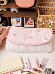 Cute Lace Pencil Case, Korean Style Pink Plaid Polka Dot Pencil Bag With Bow And Heart Decoration, Aesthetic Back To School Stati, First Day Of School - Multicolor - View 5