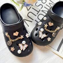 16 pièces Accessoires de chaîne dorée petite, papillon, fleur, décoration de chaussures DIY, convient pour les sandales perforées, mode élégante, cadeau pour la petite amie - Doré - Voir 8