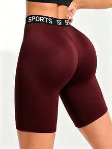 Women's Solid Color High Waist 3-Inch Tight Fit Sports Shorts, Yoga Cycling Shorts, Letter Elastic Waistband, Casual Shorts Red Summer - Red - View 4