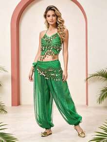 Belly Dance Embroidered Coin Fringe Halter Crop Top With Waist Scarf, Sequin Panel Chiffon Harem Pants For Arabian Themed Party & Stage Performance - Multicolor - View 20