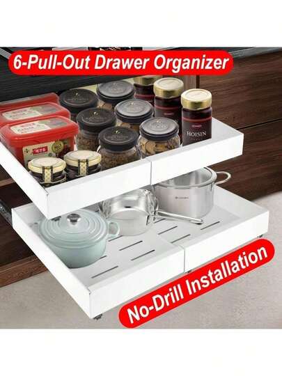 Expandable No Drill Pull Out Cabinet Organizer, Slide Out Detachable Storage Shelf Easy To Clean, Dormitory Kitchen Cupboard Organiser For Renters & Small Spaces