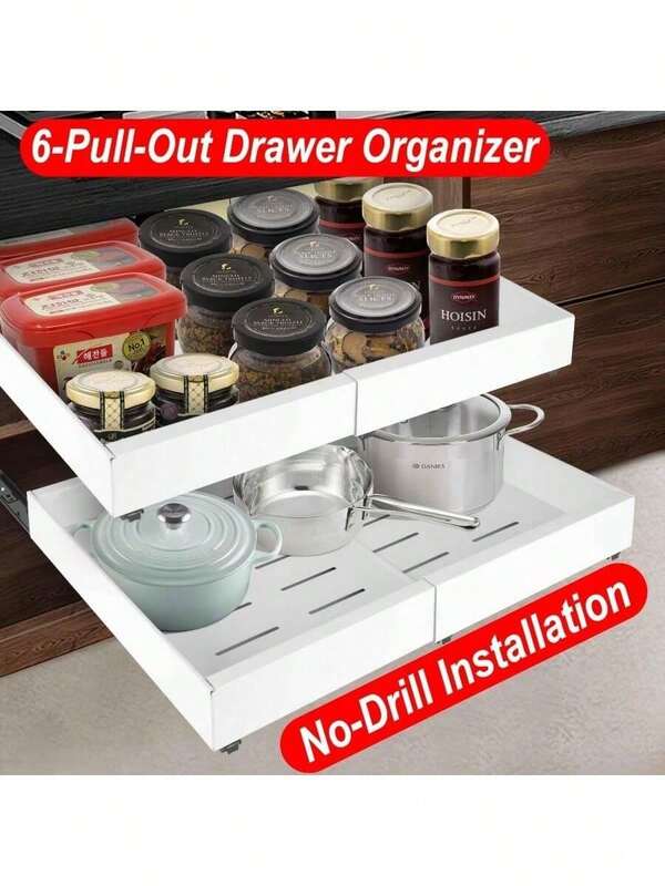 Expandable No Drill Pull Out Cabinet Organizer, Slide Out Detachable Storage Shelf Easy To Clean, Dormitory Kitchen Cupboard Organiser For Renters & Small Spaces