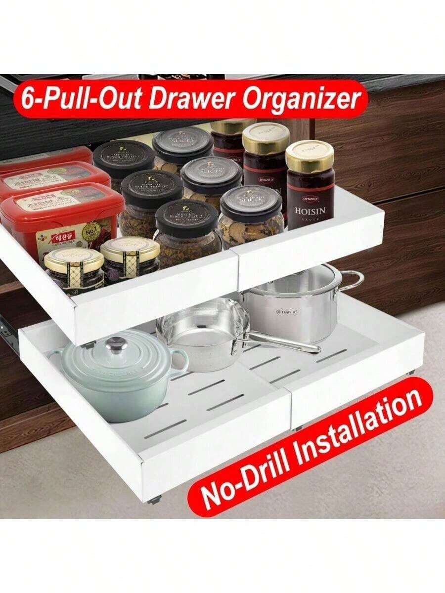 Expandable No Drill Pull Out Cabinet Organizer, Slide Out Detachable Storage Shelf Easy To Clean, Dormitory Kitchen Cupboard Organiser For Renters & Small Spaces