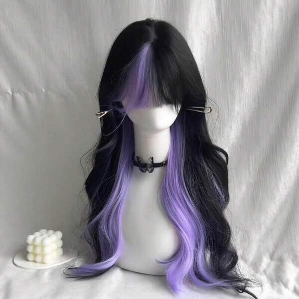 Peluca larga ondulada negra con reflejos lavanda para mujer, flequillo liso, peluca rizada de fibra artificial para cosplay gótico oscuro, uso diario y fiesta