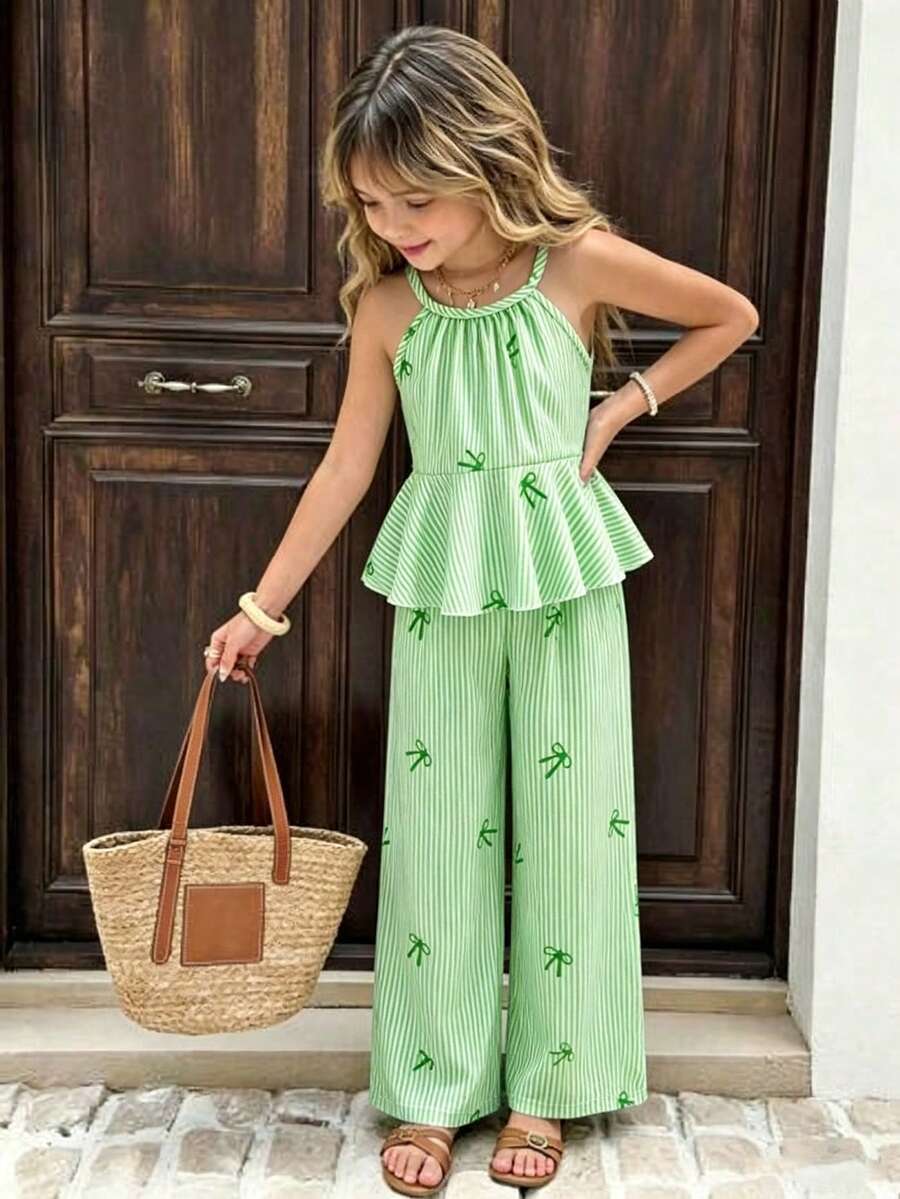 Mädchen gestreiftes 2 Stücke Lässig Outfit, ärmelloses Tanktop mit Neckholder, Schleifendruck und Rüschensaum, gestreifte Hose mit elastischem Bund und weitem Bein - Grün - View 1