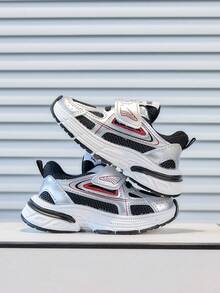 Kids' Fashion Silver & Black Sporty Chunky Sneakers, Spring/Autumn Mesh Breathable Hook & Loop Lightweight Non-Slip Sneakers - Black - View 6