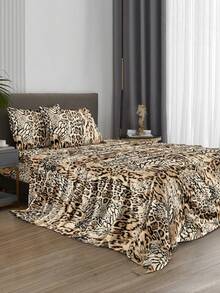 4-Piece Black Brown Colorful Leopard Print Bedding Set, Easy-Care Soft Bedding Set, Fitted Sheet Set (1 Flat Sheet + 1 Fitted Sheet + 2 Pillowcases, Suitable For King, Queen, Full, Twin, Deep Pocket Design, Fits Up To 11.8 Inch Mattress, Soft And Breathable, Wrinkle-Resistant) - Coffee Brown - View 2