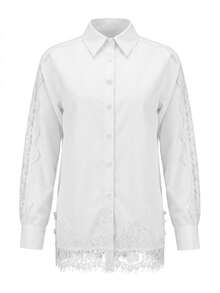 Blus Putih Patchwork Renda Prancis untuk Wanita, Model Longgar Lengan Panjang Musim Semi/Musim Gugur - Putih - View 6
