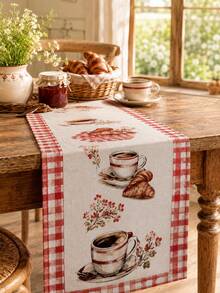 1pc Coffee Croissant Print Linen Table Runner, Farmhouse French Country Rectangular Table Runner With Red Gingham Border, Rustic Dining Table Decor For Kitchen, Coffee Bar, Breakfast Table, Cafe, Brunch Party And Everyday Home Use - Multicolor - View 8