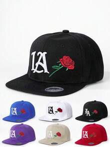 1pc Embroidered LA Rose Flat-Brim Baseball Cap, Personalized Letter Embroidery, Streetwear Fashion 5-Panel Cap, Outdoor Sun Protection Casual Hat For Spring/Autumn Travel, Beach - Baseball Cap - View 12