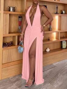 Sexy Halter Neck Tie Deep V-Neck High Slit Patchwork Pleated Backless Knit Dress - Pink - View 4