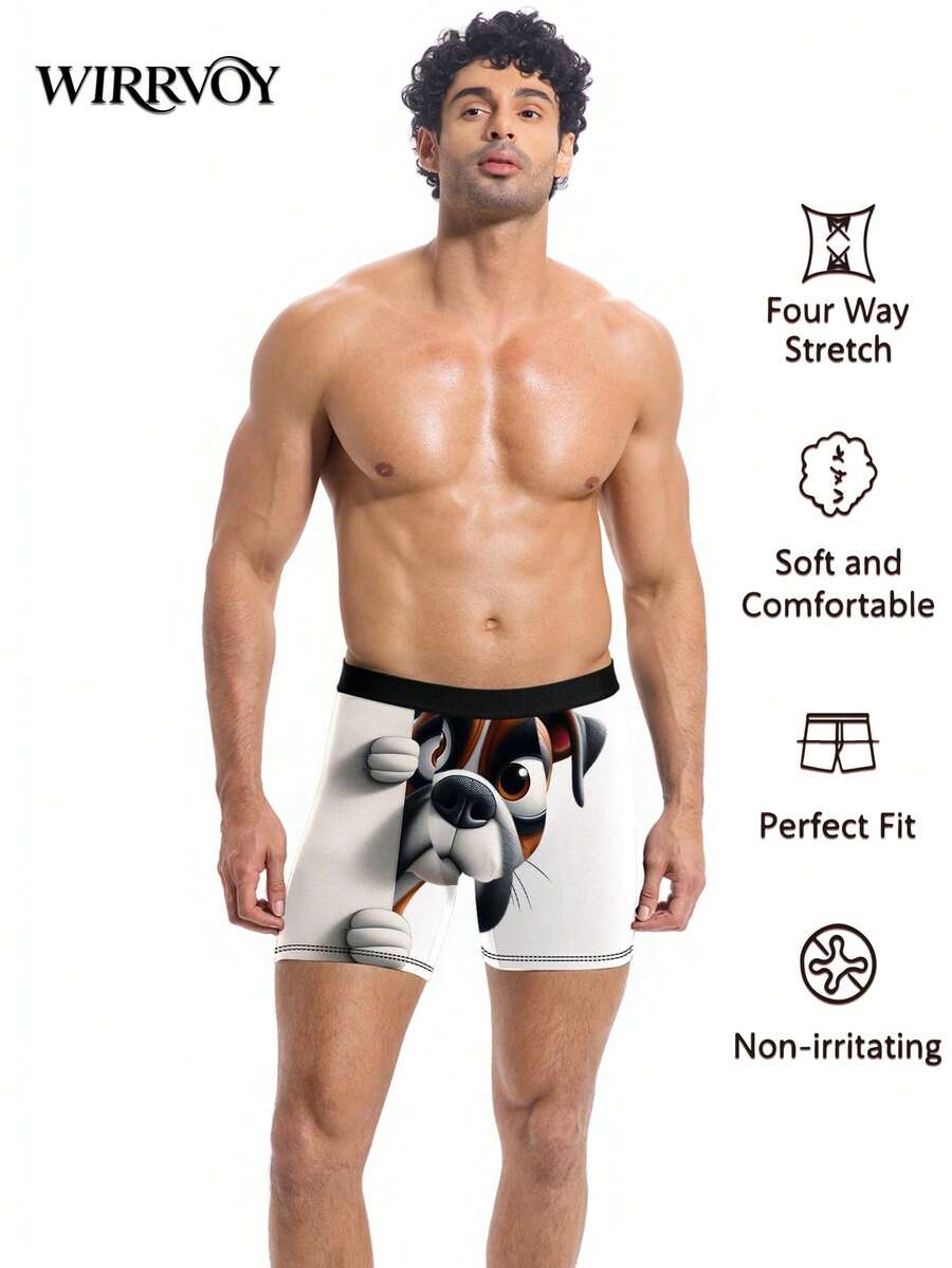 3D Probe Boxer Dog Print Men's Boxer Briefs (Pack 1), Cute Cartoon Pet Style Men's Underwear, Fluffy Puppy Cartoon Print Men's Boxer Briefs - Black - View 1