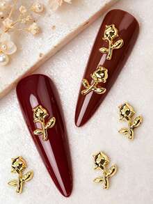 6-Grid 36pcs Luxury Metal Tulip & Rose Nail Art Charms, DIY Press-On Nail Accessories, Korean & Japanese Fashion Versatile Metal 3D Nail Decor, Y2K Vintage Floral Nail Art Charms - Gold - View 9