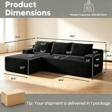 Compression-Boneless 95" L-Shaped Cloud Sectional Sofa With Oversized Chaise, Modular 3-Seater Corduroy Couch For Living Room & Bedroom, Deep Seat No Assembly Required - Black - View 6