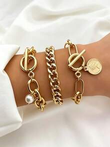 3Pcs Gold Chunky Chain Bracelet Set, Vintage OT Toggle Clasp Cuban Link Bracelet For Women Daily Party Jewelry Gift - Multicolor - View 1