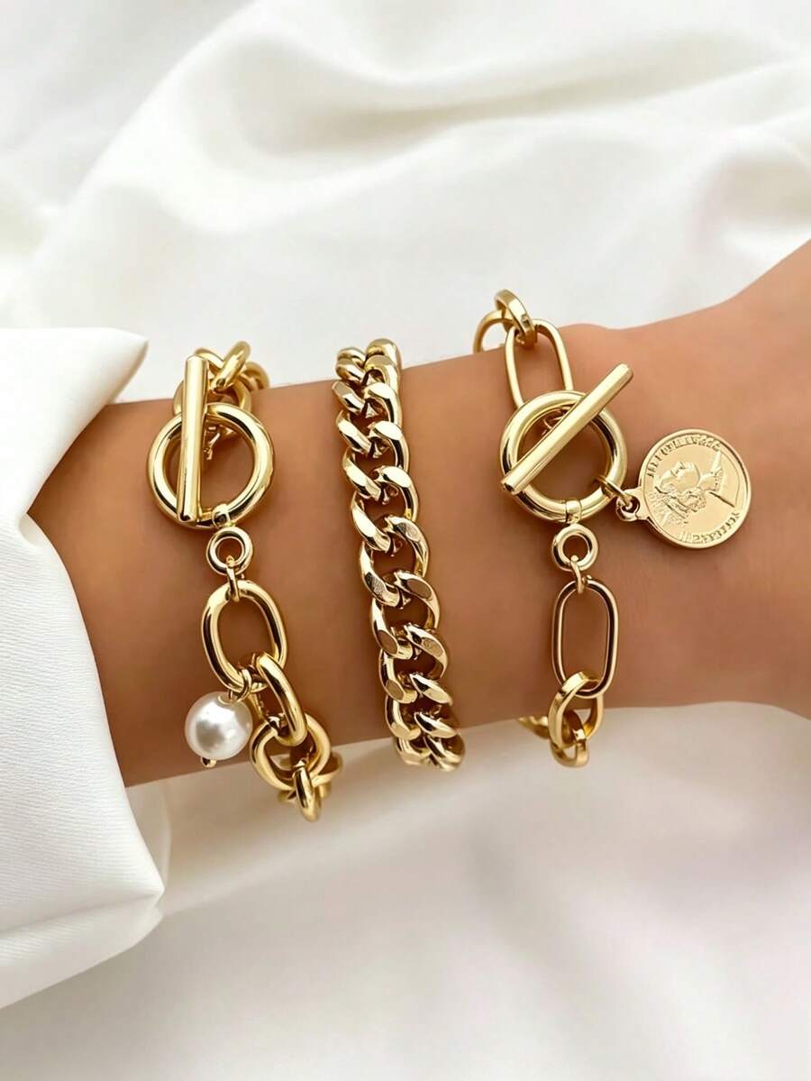 3Pcs Gold Chunky Chain Bracelet Set, Vintage OT Toggle Clasp Cuban Link Bracelet For Women Daily Party Jewelry Gift - Multicolor - View 1