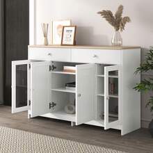 White Sideboard With Wooden Inlay - 4 Doors And 2 Drawers - 白色 - 查看 3
