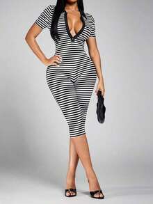 DOUCIU Stripes Block Color Short Sleeve V-Neck Capri Jumpsuit Slim-Fit Sexy Night Club Style - Black - View 1