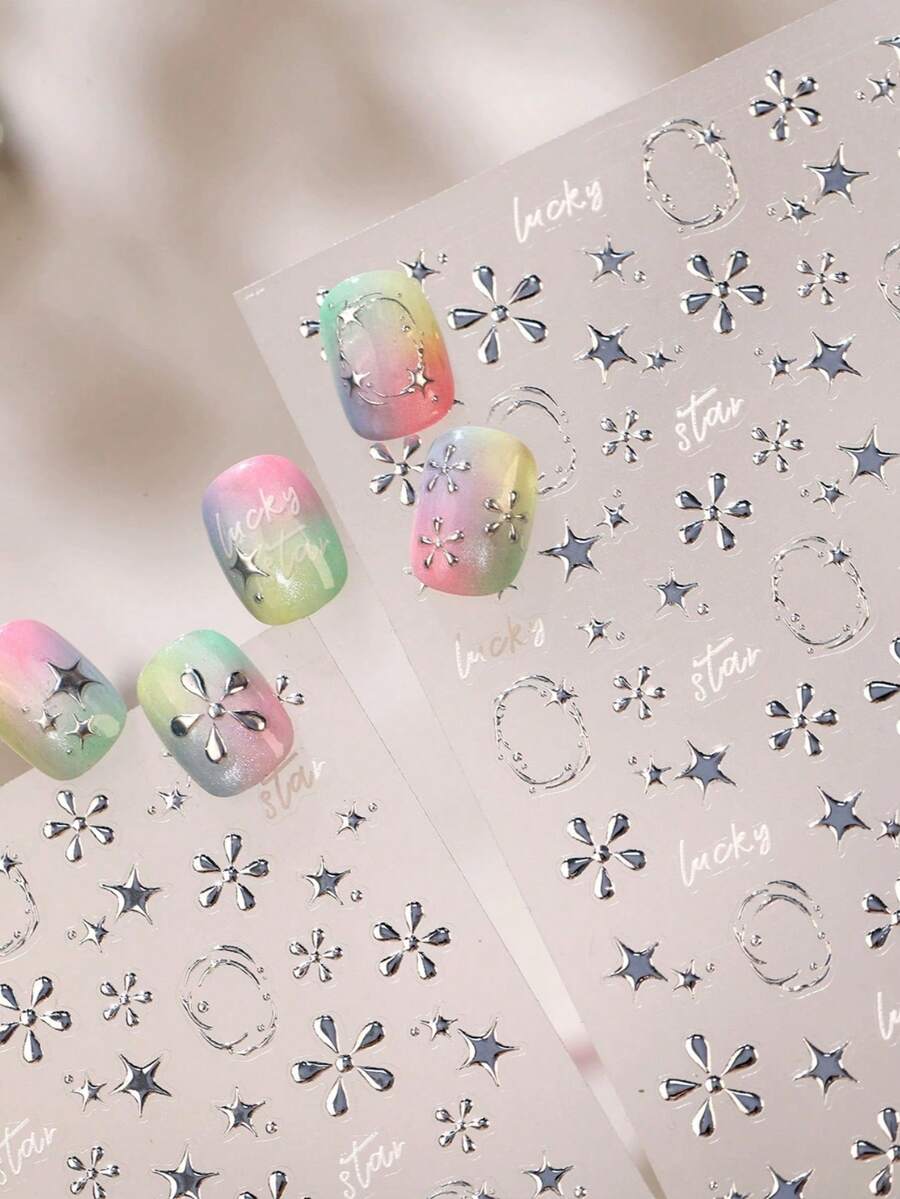 1 3D Sweet Cool Girl Style Metal Star Nail Charm Stickers Clear And Naked Star Flower Nail Art Stickers DIY