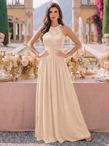 MIUSOL Sequin Floral Lace Halter Neck Sleeveless Ruched Chiffon Formal Party Long Dress, Formal Evening Gown, Suitable For Wedding Guest, Graduation Ceremony, Dinner - Champagne - View 5