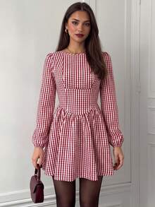 Vintage Style Backless Bow Plaid Dress - Red - View 3