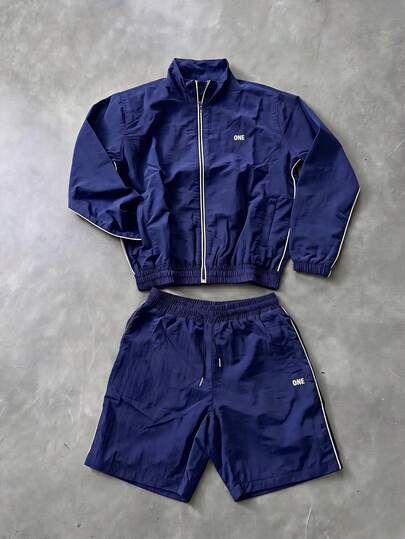 Men's Summer Lightweight Stand Collar Zip-Up Casual Jacket & Shorts 2-Piece Set, American Minimalist Letter Print Side Stripe Sportswear