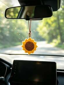 1pc Woven Sunflower & Bee Car Rearview Mirror Hanging Decoration, Car Interior Accessory - A - View 2