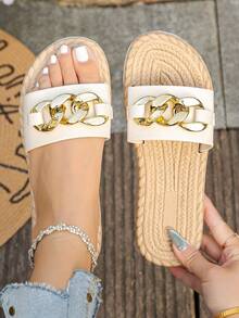 Women's Metal Buckle Faux Rope Sole Comfortable Lightweight Flat Slide Sandals, Vacation Style Summer Daily Outdoor Beach Wear White Slippers, Plus Size - White - View 2