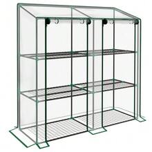 Mini Greenhouse, 3 Levels, 6 Wire Shelves, 2 Openings, Plastic Cover, Transparent - Green - View 1