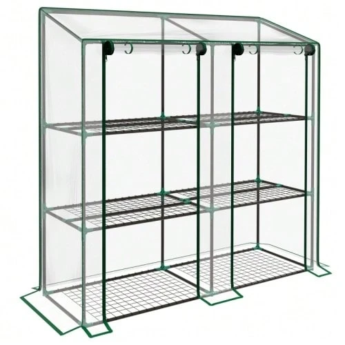 Mini Greenhouse, 3 Levels, 6 Wire Shelves, 2 Openings, Plastic Cover, Transparent - Green - View 1