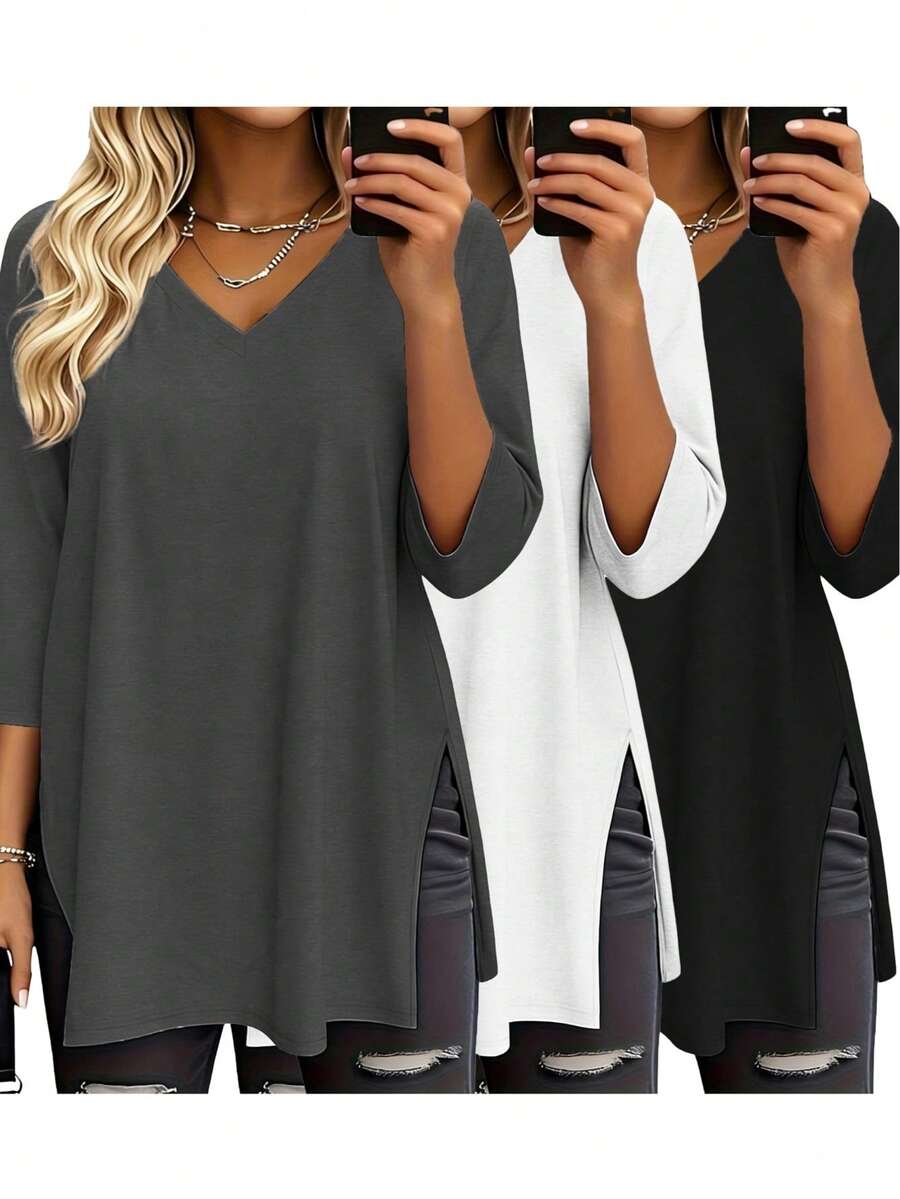 3pcs Solid Color V-Neck Short Sleeve Casual Tops, Fashion Spring/Summer New Women's Loose Side Slit Mid-Length T-Shirts, Versatile Streetwear Daily Outing Style - Dark Grey + White + Black - View 1