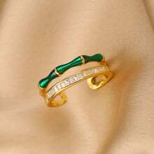 14K Gold Plated Copper Double Layer Bamboo Joint Open Ring, Green Enamel And Rectangular Zirconia Accents, Women's Stackable Jewelry, Suitable For Daily And Evening Wear - Green - View 4