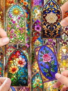 50Pcs PET Vintage Church Stained Glass PET Decor Stickers, Watercolor Illustrations Of Gothic Arch Floral Window With Roses, Peonies And Tulips, For Journal, Water Bottle, Luggage, Picnic DIY Decor - 7*6*1 - View 2