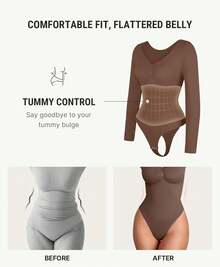 FeelinGirl Women's Long Sleeve Shapewear Bodysuit For Tummy Control Seamless Body Suits Thong V Neck Going Out Tops - Black - View 10